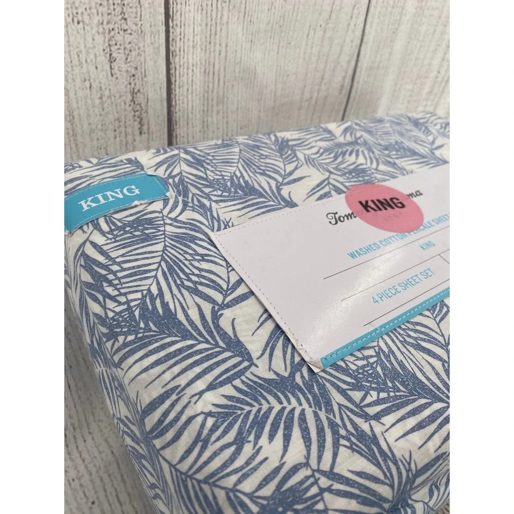 Tommy Bahama Sheet Set KING Blue Washed 100% Cotton Percale Tropical Palm Leaf